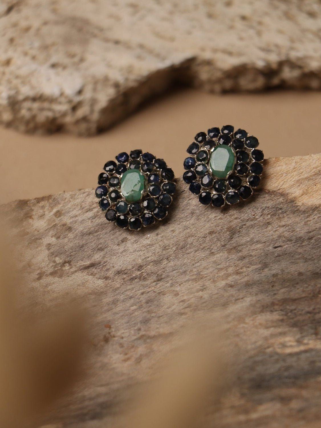 Twilight Fern earrings, with Sapphire and Jade stones in blue and green, 0.6-inch