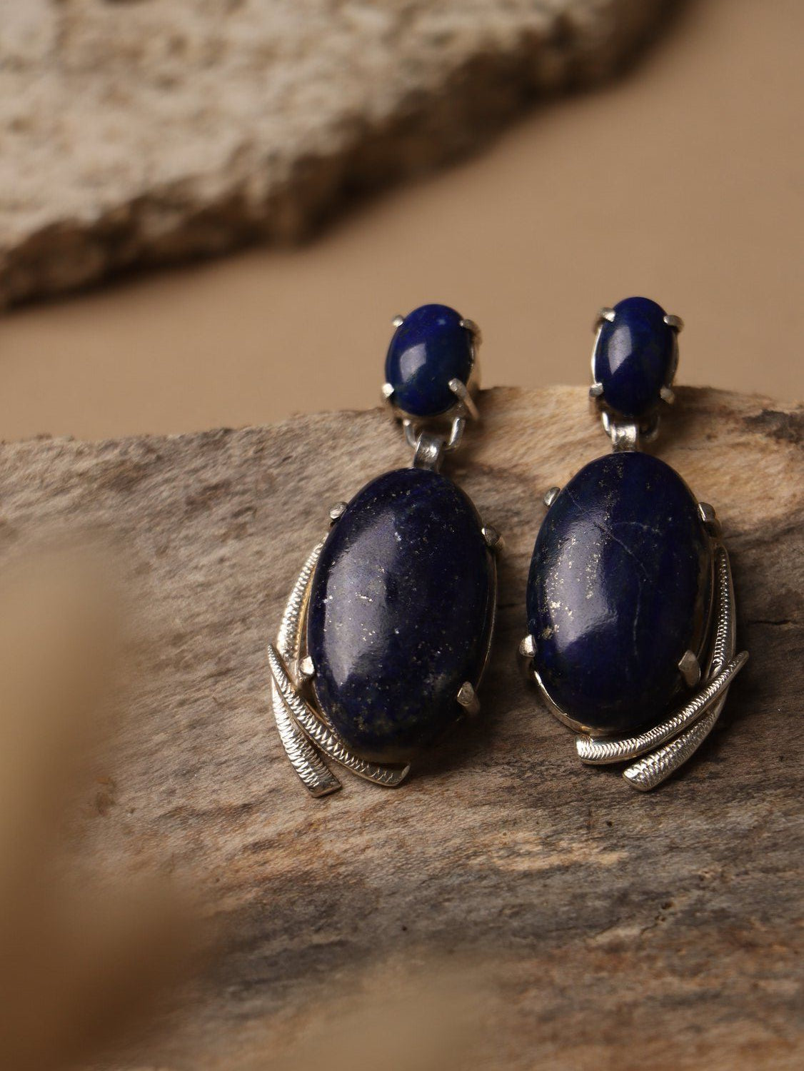 Midnight Orbit earrings, with Lapis Lazuli stones in blue, 1.8-inch