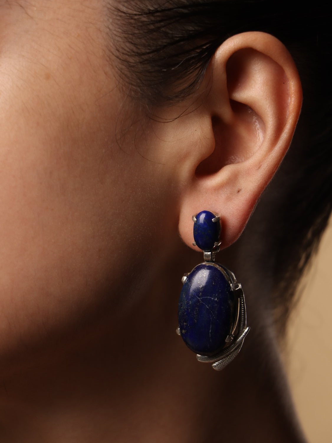 Midnight Orbit earrings, with Lapis Lazuli stones in blue, 1.8-inch