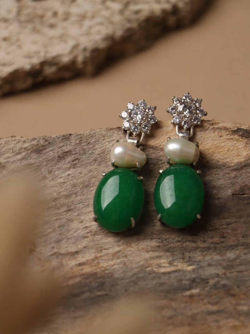 Jade bloom earrings, with Zircon and Jade and Pearl stones in white, 1.5-inch