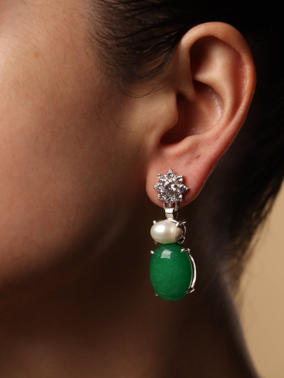 Jade bloom earrings, with Zircon and Jade and Pearl stones in white, 1.5-inch
