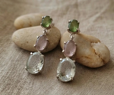 Classic Maheen earrings made with Peridot, Aquamarine, and Rose Quartz in green, blue, and pink.