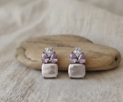 Refined Ayla II earrings detailed with Pearl, Amethyst, and Zirconia in white and purple.