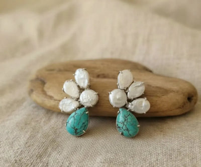 Beautiful Arha studs set with Pearl and Turquoise in blue and white.