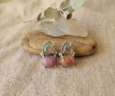 Layl drop earrings highlighting Tourmaline in pink and green.