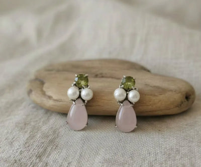 Sterling silver Natasha earrings featuring Pearl, Peridot, and Rose Quartz in white, green, and pink.