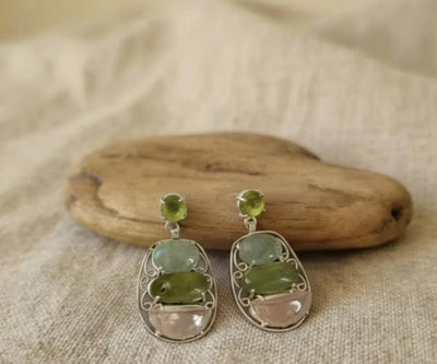 Classic Nadya earrings made with Peridot, Rose Quartz, and Aquamarine in blue, green, and pink.
