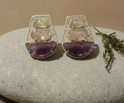 Beautiful Kaira studs set with Peridot, Rose Quartz, and Amethyst in green, pink, and purple.