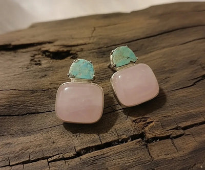Refined Selara earrings detailed with Rose Quartz and Turquoise in blue and pink.