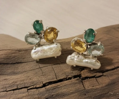 Sterling silver Star earrings featuring Citrine, Emerald, Aquamarine, and Pearl in blue, yellow, green, and white.