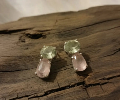 Handcrafted Elachi earrings boasting Tourmaline and Peridot in pink and green.