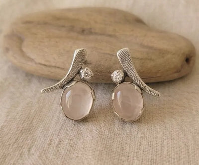 Raya drop earrings highlighting Rose Quartz in pink.