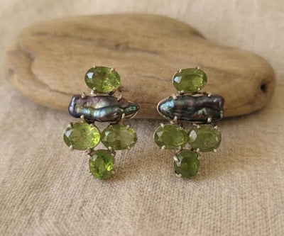 Classic Cira earrings made with Peridot and Pearl in green and grey.