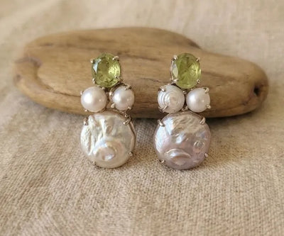 Beautiful Eirah studs set with Pearl and Peridot in white and green.
