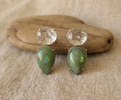 Silver Talia jewelry showing off White Quartz and Peridot in green and white.