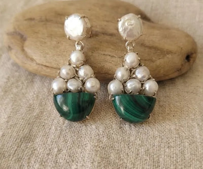 Refined Mica earrings detailed with Malachite and Pearl in green and white.